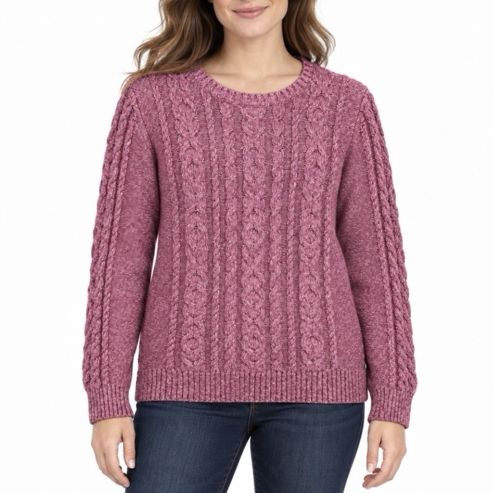 LL Bean Pink Marl Double L Mixed Cable Cotton Crew Neck Pullover Sweater MED PET